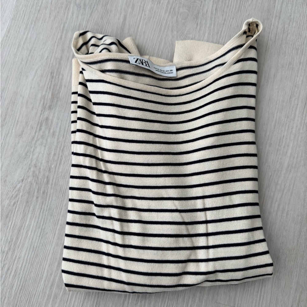 Zara Navy and Cream Striped Knit Top